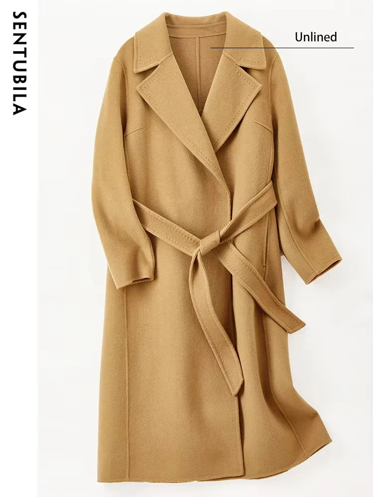 SENTUBILA Women 100% Wool Long Wrap Coat 2025 Elegant Notched Collar Belted Warm Double Faced Woolen Winter Overcoat W24O43352