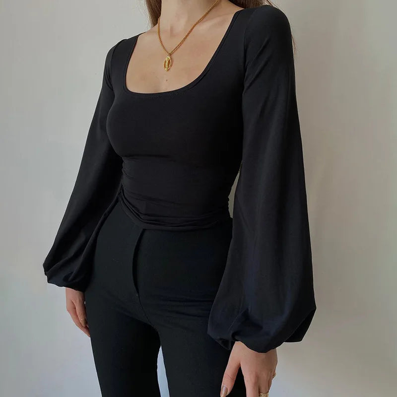 Black elegant blouse for women casual top all-match lantern long sleeve shirt 2024 new square collar slim solid T-shirt