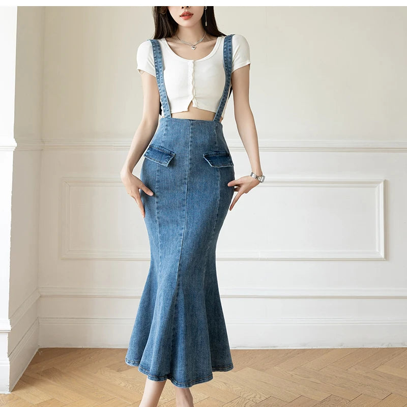 Elegant Casual Denim Jean Skirt for Women's High Waist Bodycon Ruffles Fishtail Skirts Fashion Trumpet Midi Length Skirts Female