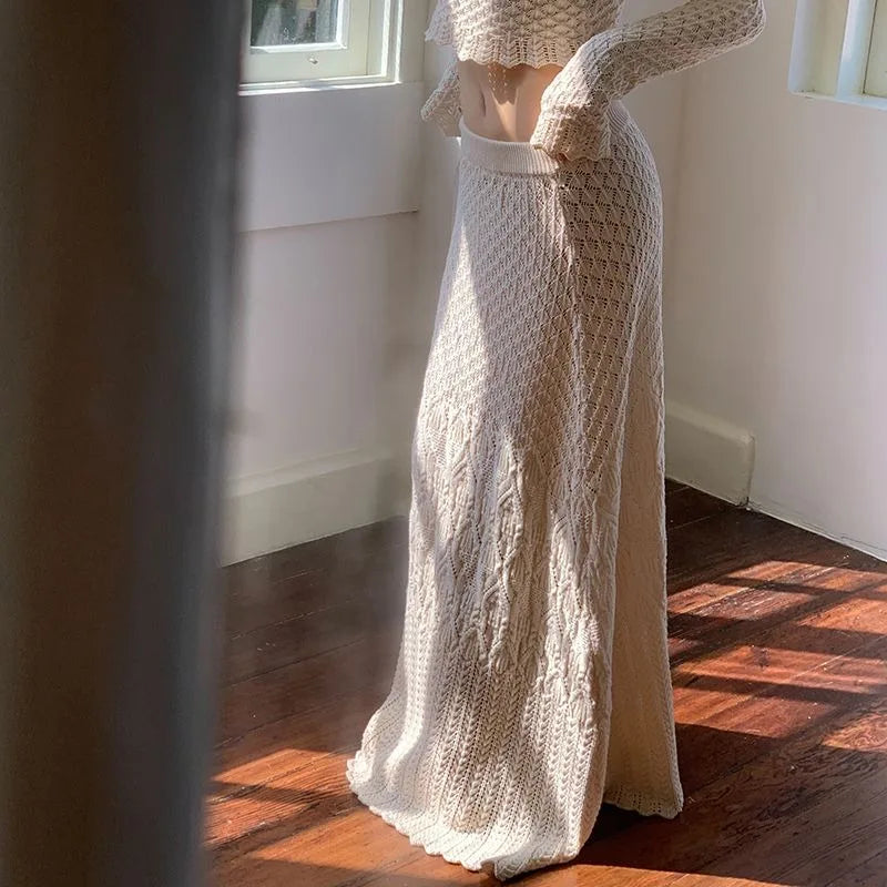 Women's Knitted Sweater Skirt Two-Piece Suit New Sexy Hollow Off-Neck Long Sleeve Sweater Skirt Suit