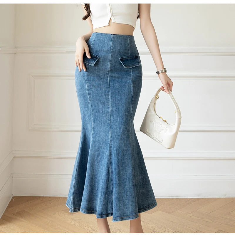 Elegant Casual Denim Jean Skirt for Women's High Waist Bodycon Ruffles Fishtail Skirts Fashion Trumpet Midi Length Skirts Female
