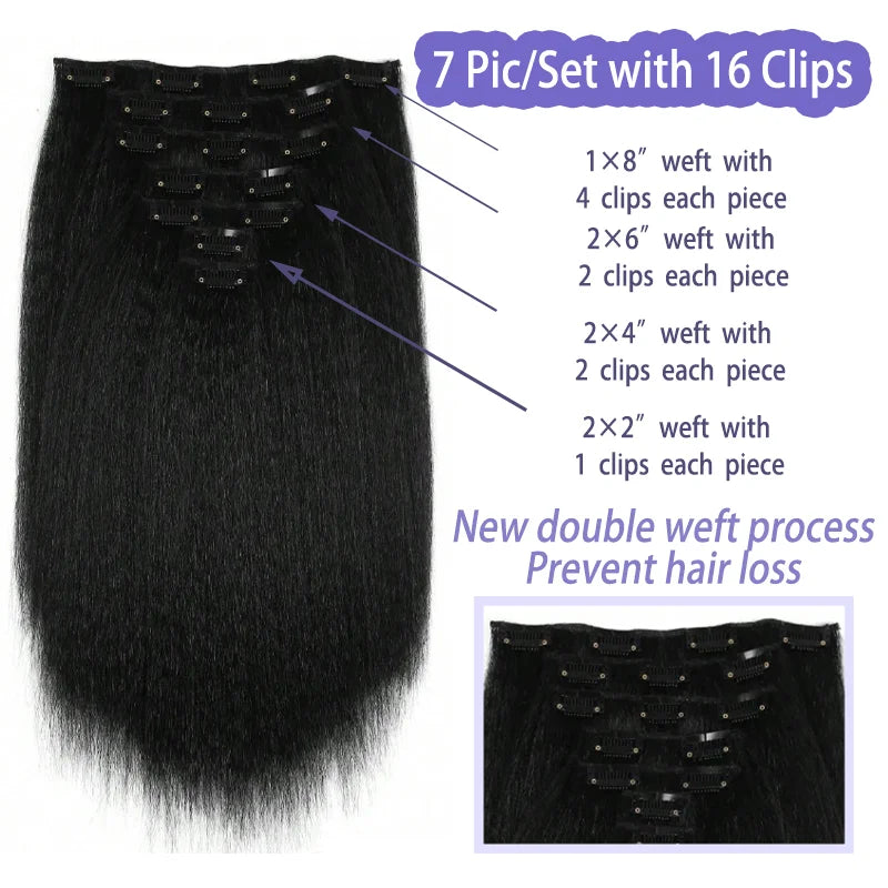 Kinky Straight Clip in Hair Extensions 14 Inch for Women Full Head Yaki Straight Seamless Clip in Synthetic Hair