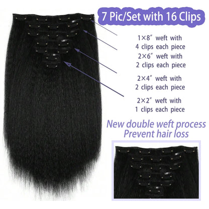 Kinky Straight Clip in Hair Extensions 14 Inch for Women Full Head Yaki Straight Seamless Clip in Synthetic Hair