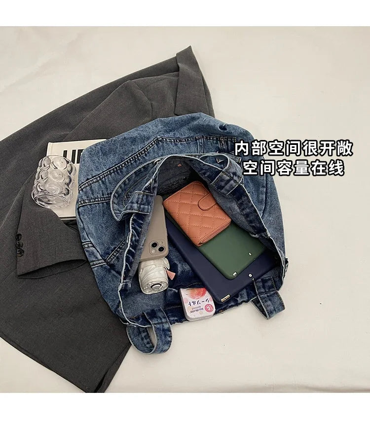 2025 Spring New Hot Sale Denim Tote Bags Solid Large Capacity Personality Retro Durable Commute Style Shoulder Bags for Women