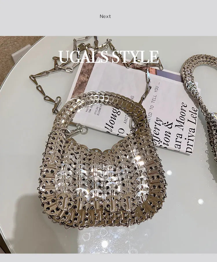 Bling Shiny Metal Sequined Dumpling Bag Woven Handmade Women Handbag Fashion Evening Bag Wedding Party Clutch Purse Shoulder Bag