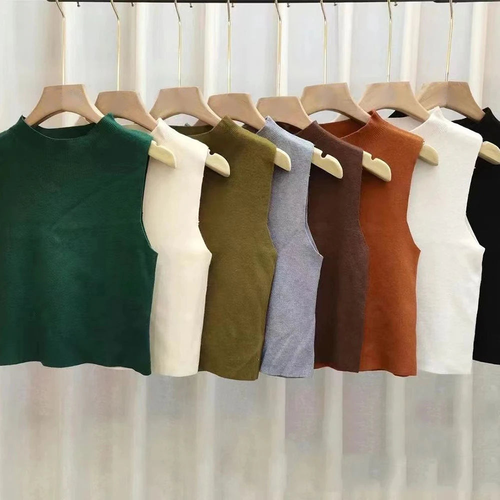 Women's Vest Tank Top Solid Color Knitted Tees Cropped Camisole Sweater Half-turtleneck Spring Autumn Sleeveless топ женский
