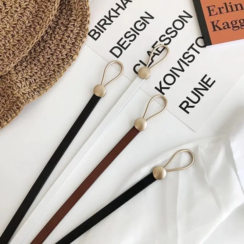 Women Belts Thin Golden Buckle PU Leather Strap For Dress Trousers Casual Black Ladies Female Designer Waistband