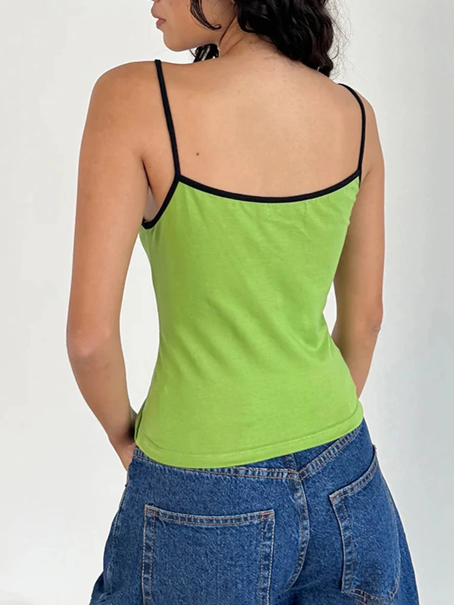 Women Spaghetti Strap Tank Top Scoop Neck Contrast Trim Crop Cami Top Y2K Aesthetic Sleeveless Fitted Basic Tops Streetwear