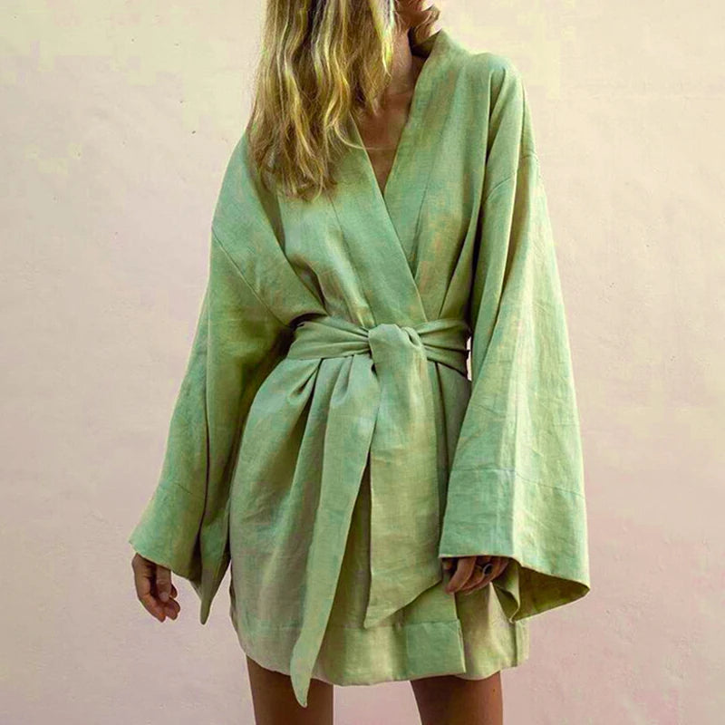 Women's Elegant Solid Robe Long Sleeve Front Belt Breathable Fabric For Casual And Formal Occasions Bathrobe Simple Style Kimono