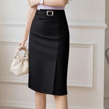 Fashion Work Slim Skirt Woman Vintage Zipper Pencil Midi Skirts Elegant OL Button Overskirts Female Autumn Solid Dresses
