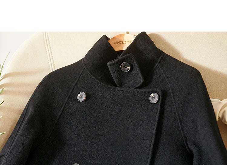 SENTUBILA Women's Long Woolen Overcoats 2025 Winter Outerwear Elegant Turtleneck Warm Double Breasted Belt Wrap Coat W24O42064