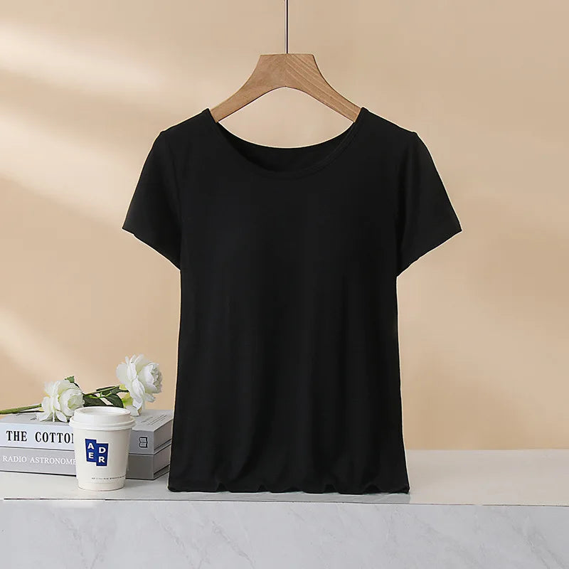 Women's T-Shirt with Chest Pad Tops  One-Piece Bra Cup Slim T Shirt Female Summer Top Bottoming Shirts Home Wear Women Pajamas