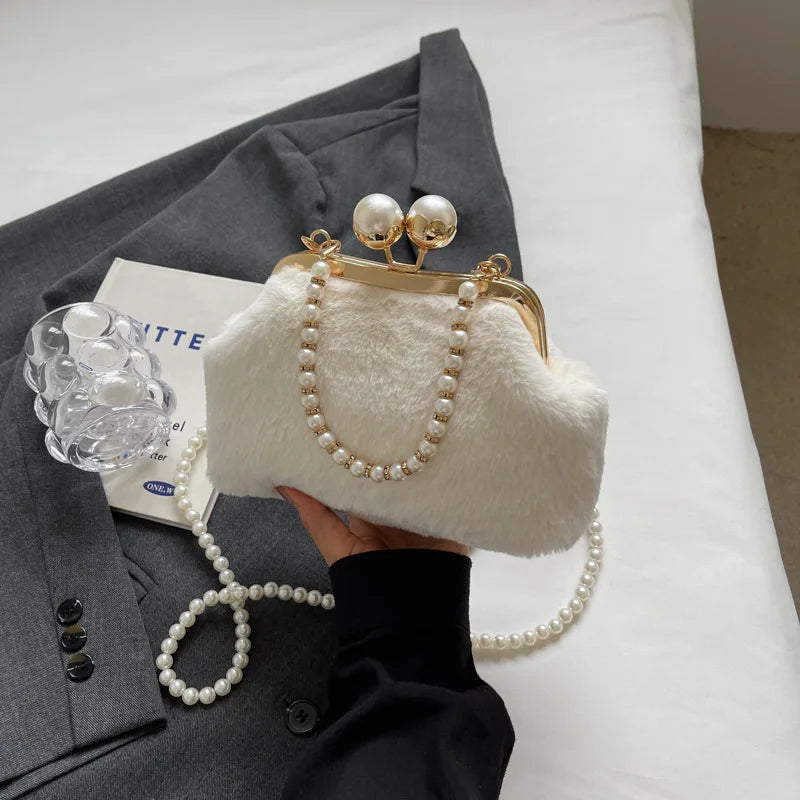 High-end Beaded Fashion Women's Bag Autumn Personality Trendy Evening Bag Plush Handbag Shoulder Crossbody Bag