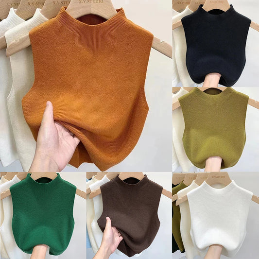 Women's Vest Tank Top Solid Color Knitted Tees Cropped Camisole Sweater Half-turtleneck Spring Autumn Sleeveless топ женский