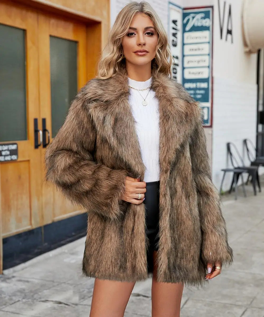 Women Plush Faux Fur Coat Female Casual Turn Down Collar Long Sleeve Warm Overcoat 2024 Winter New Fashion Cardigan Tops Lady
