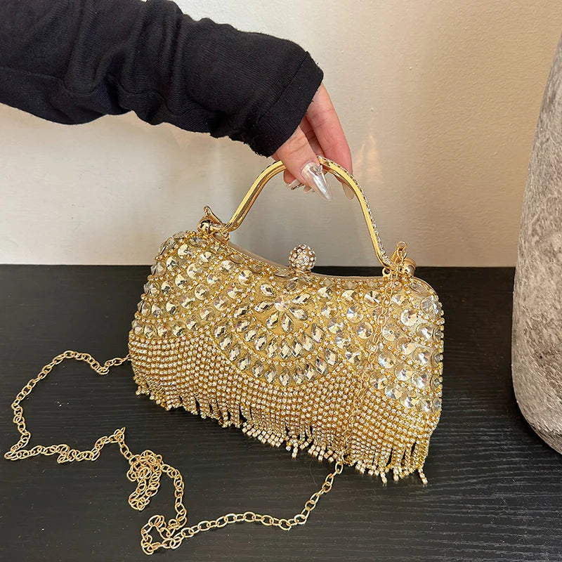 Gold Evening Clutch Bag For Women Luxury Diamond Party Purse Handbag Fashion Tassel Shoulder Crossbody Box Lipstick Bag Designer