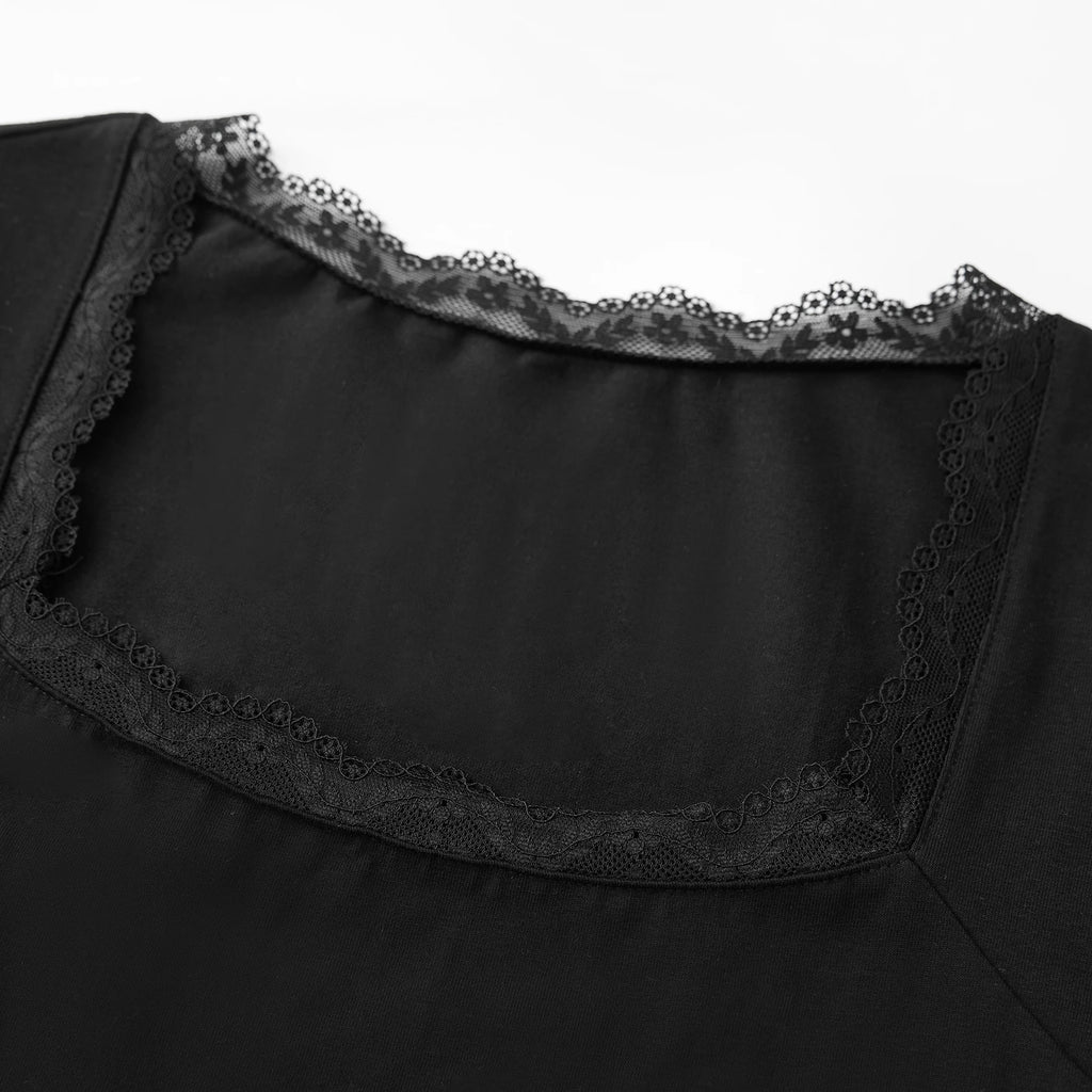 Women's Lace Trim Square Neck T Shirt Y2K Long Bell Sleeve Slim Fit Basic Crop Tops Blouse Fairy Aesthetic Tee Shirts Streetwear