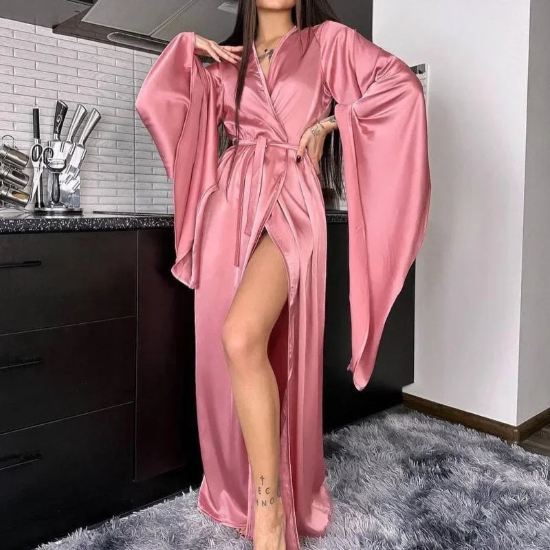 Fashion Elegant Women Long Robe Home Dress Sexy Ice Silk Kimono Bathrobe Gown Spring Summer Nightgown Loungewear Loose Homewear