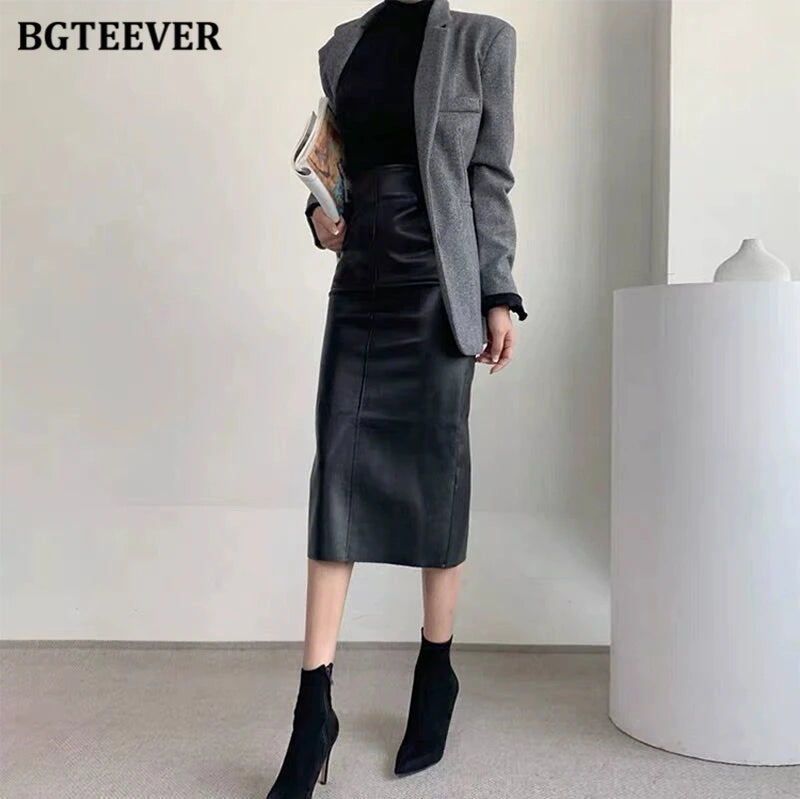 BGTEEVER Stylish Package Hip PU Leather Skirts for Women Autumn Elegant High Waist Slim Split Ladies Pencil Skirts