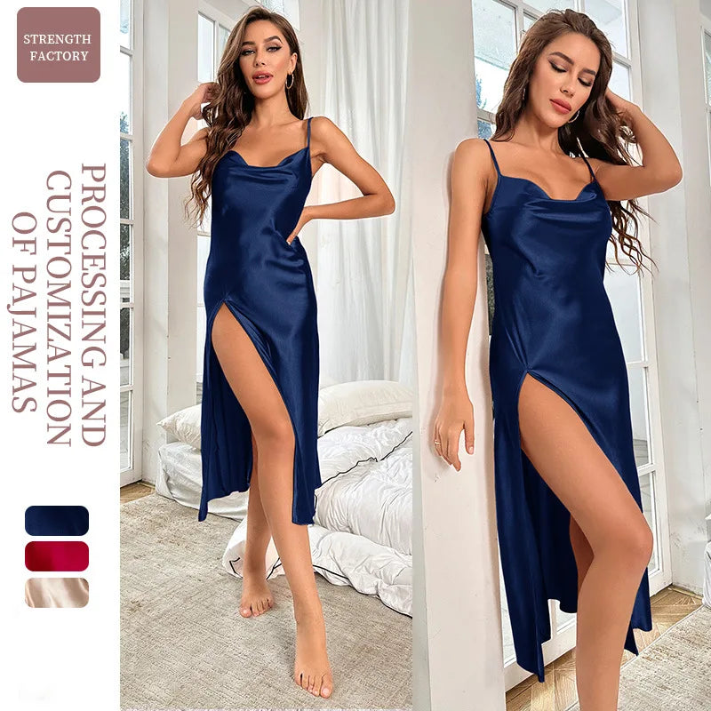 Summer Thin Ice Silk Spaghetti Strap Breathable Imitation Silk Sexy Pajamas for Women At Home Backless Slit Camisole Nightgown