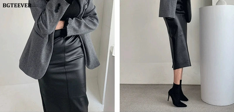 BGTEEVER Stylish Package Hip PU Leather Skirts for Women Autumn Elegant High Waist Slim Split Ladies Pencil Skirts