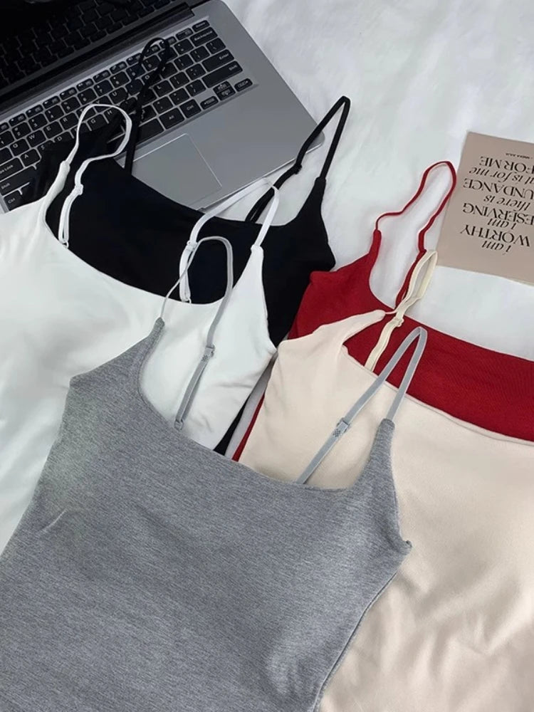 2025 Women With Built In Bra Spaghetti Strap Tanks Summer Camis Tank Casual Tops For Woman Solid Color Female Korean Style