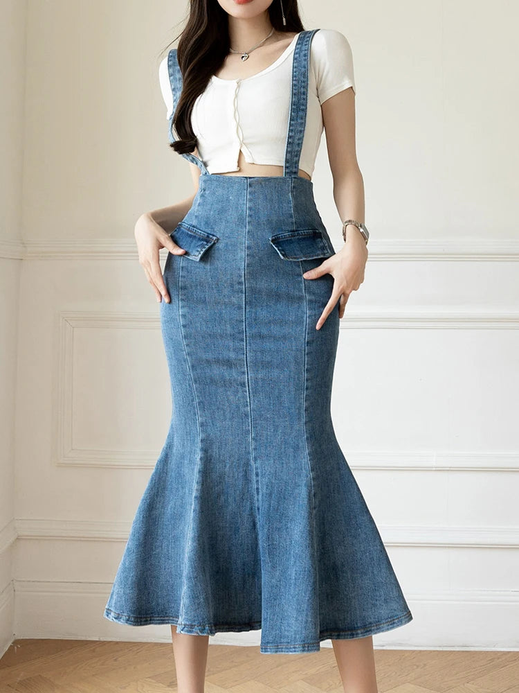Elegant Casual Denim Jean Skirt for Women's High Waist Bodycon Ruffles Fishtail Skirts Fashion Trumpet Midi Length Skirts Female