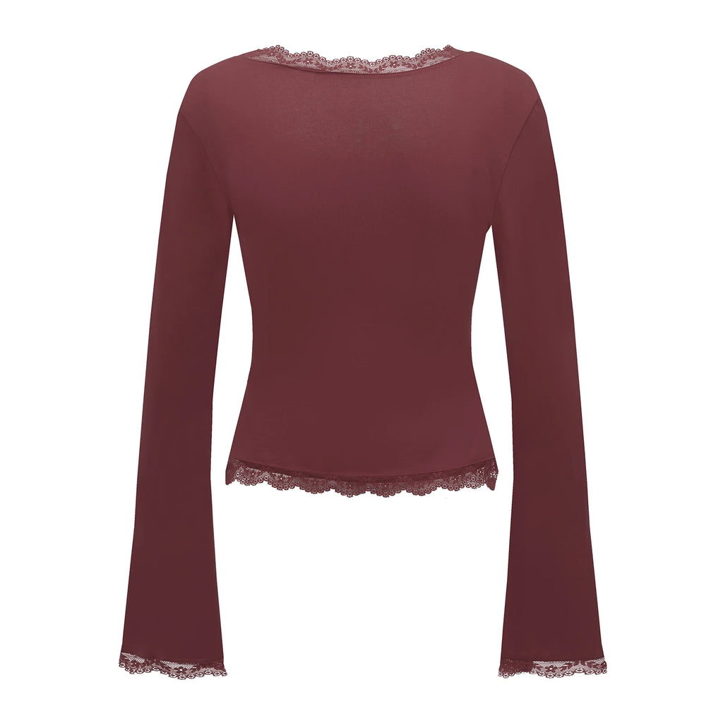 Women's Lace Trim Square Neck T Shirt Y2K Long Bell Sleeve Slim Fit Basic Crop Tops Blouse Fairy Aesthetic Tee Shirts Streetwear