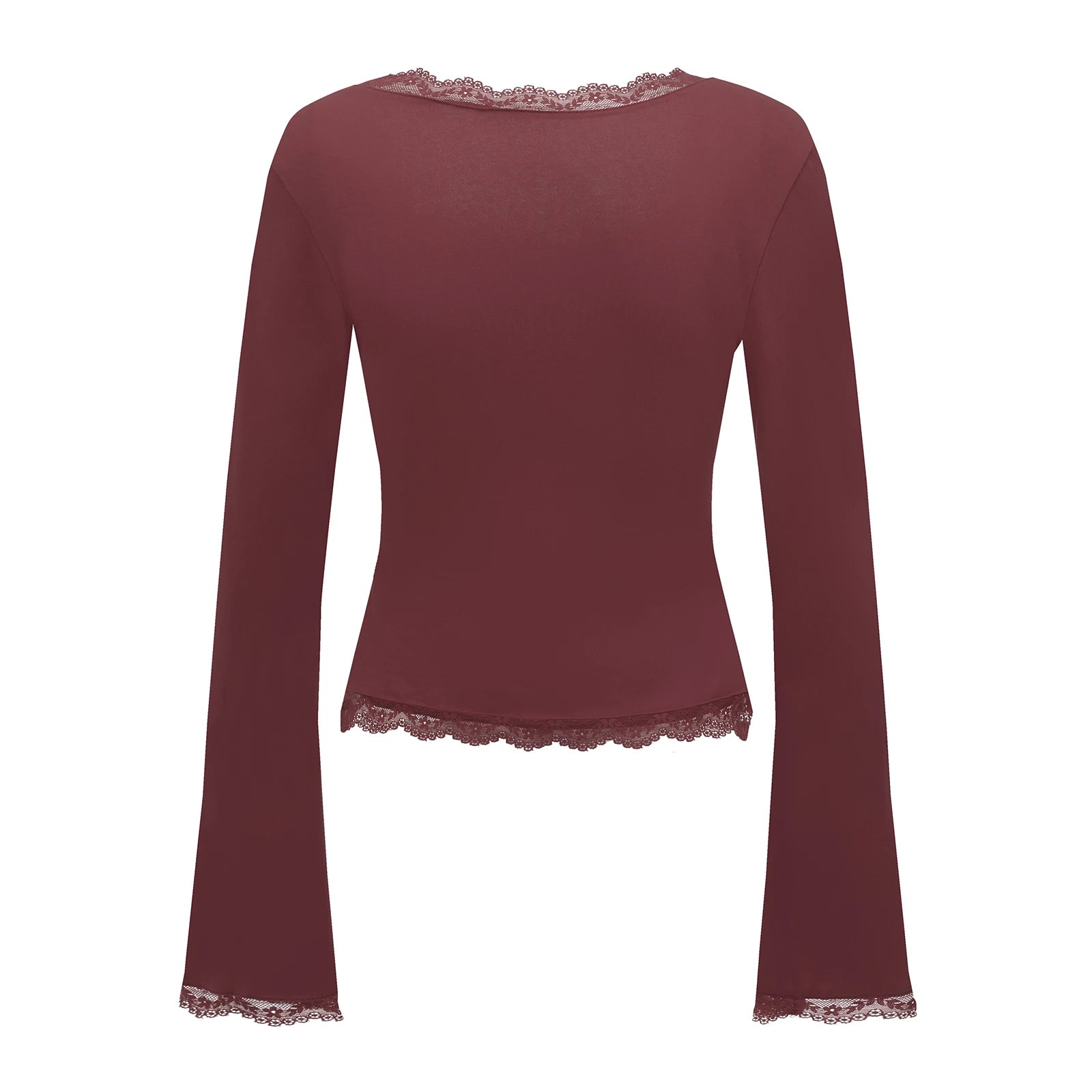 Women's Lace Trim Square Neck T Shirt Y2K Long Bell Sleeve Slim Fit Basic Crop Tops Blouse Fairy Aesthetic Tee Shirts Streetwear