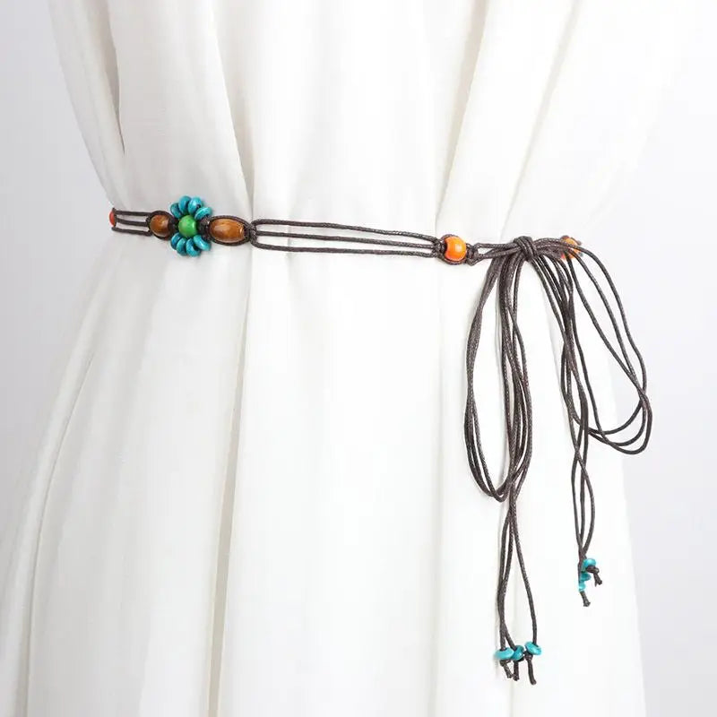 Belts For Women Knot Waistband Summer Boho Shell Bead Dress Jeans Belt Female Beach Accessory Beige Wax Cord