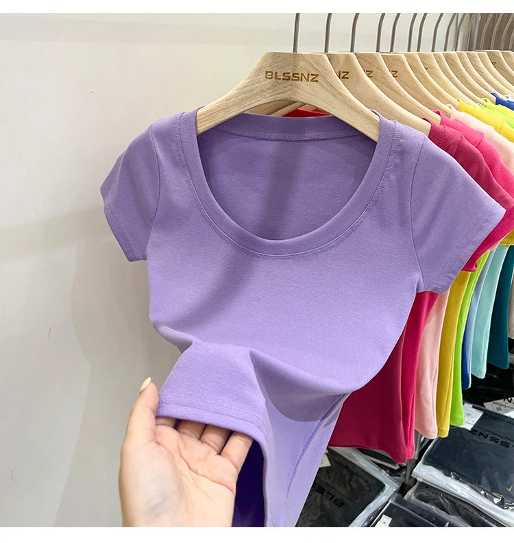 2025 Sexy Square Collar Slim T Shirt Women Cotton Elastic Basic Solid Female Casual Tops Short Sleeve Thin T-shirts See Through