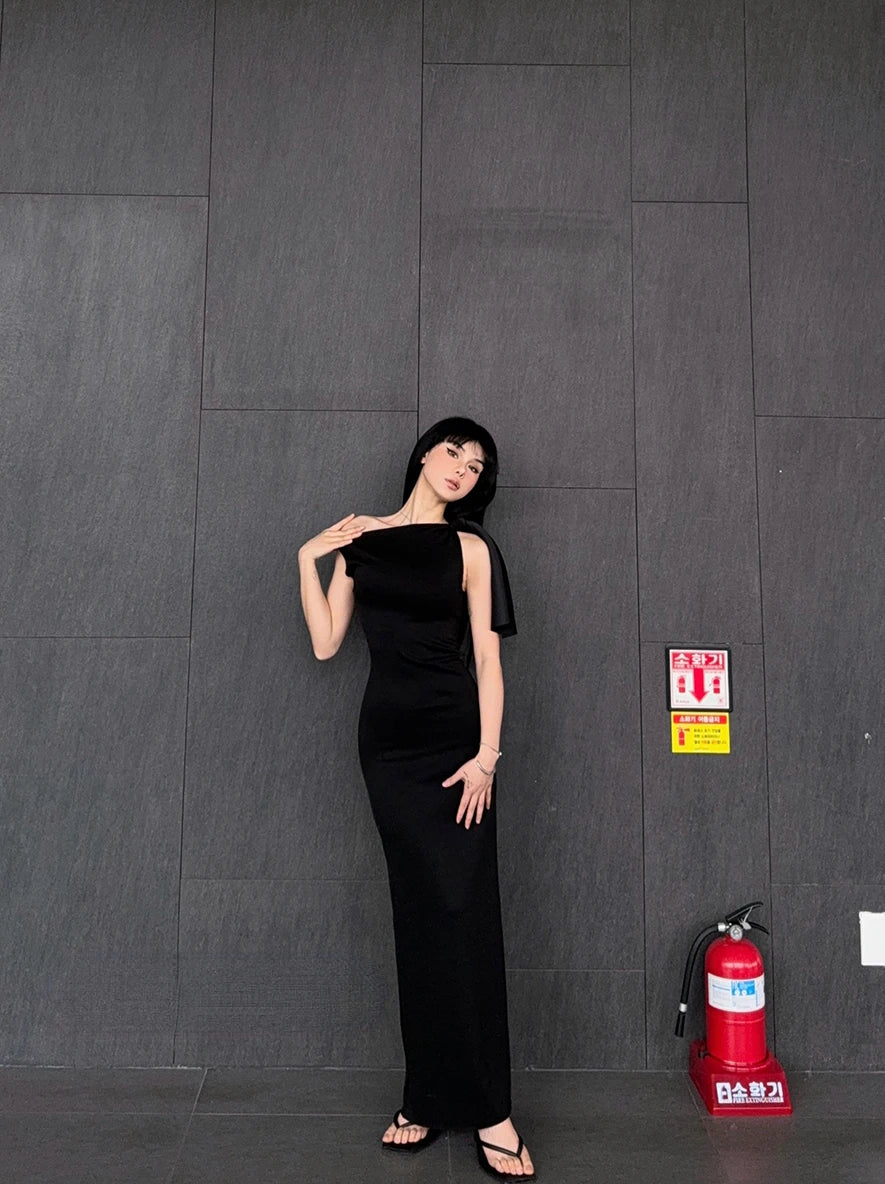 Women BODYCON  Sleeveless ONE-SHOULDER TIE RAW-CUT EDGES Sueded Stretch Knotted Maxi Dress