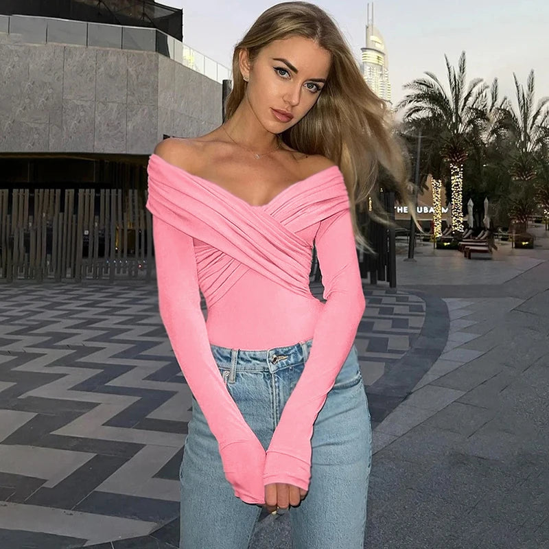 Women's Bodysuits Fashion Crossed Autumn New Corset Folds Solid Sexy Slim Rompers Long Sleeve Casual Streetwear Female Bodysuits