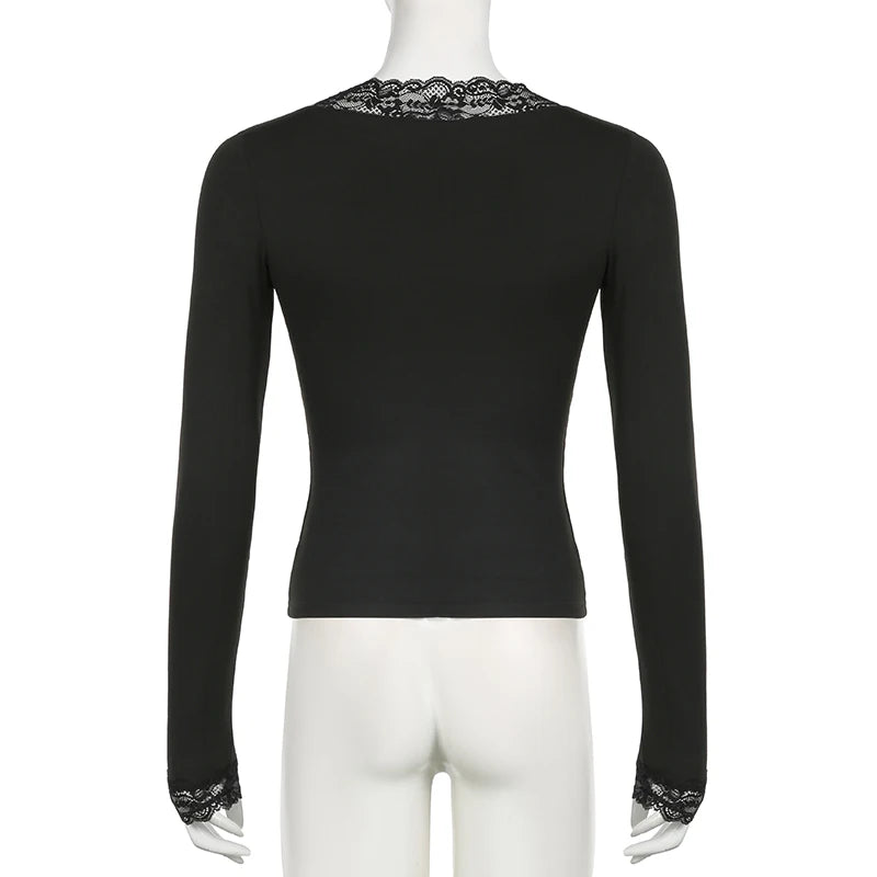 Casual Solid Lace Trim T Shirt Basic Slim V-Neck Long Sleeve Tees Women 2024 Autumn Spring Fashion Streetwear Ladies