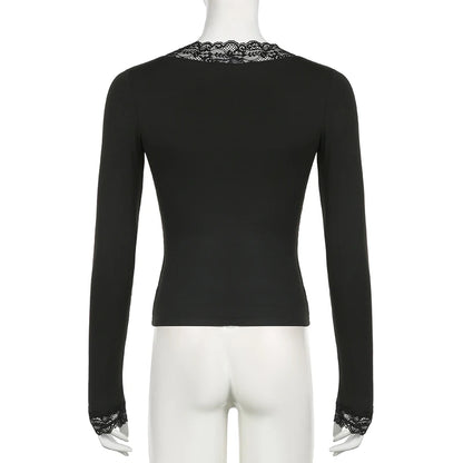 Casual Solid Lace Trim T Shirt Basic Slim V-Neck Long Sleeve Tees Women 2024 Autumn Spring Fashion Streetwear Ladies