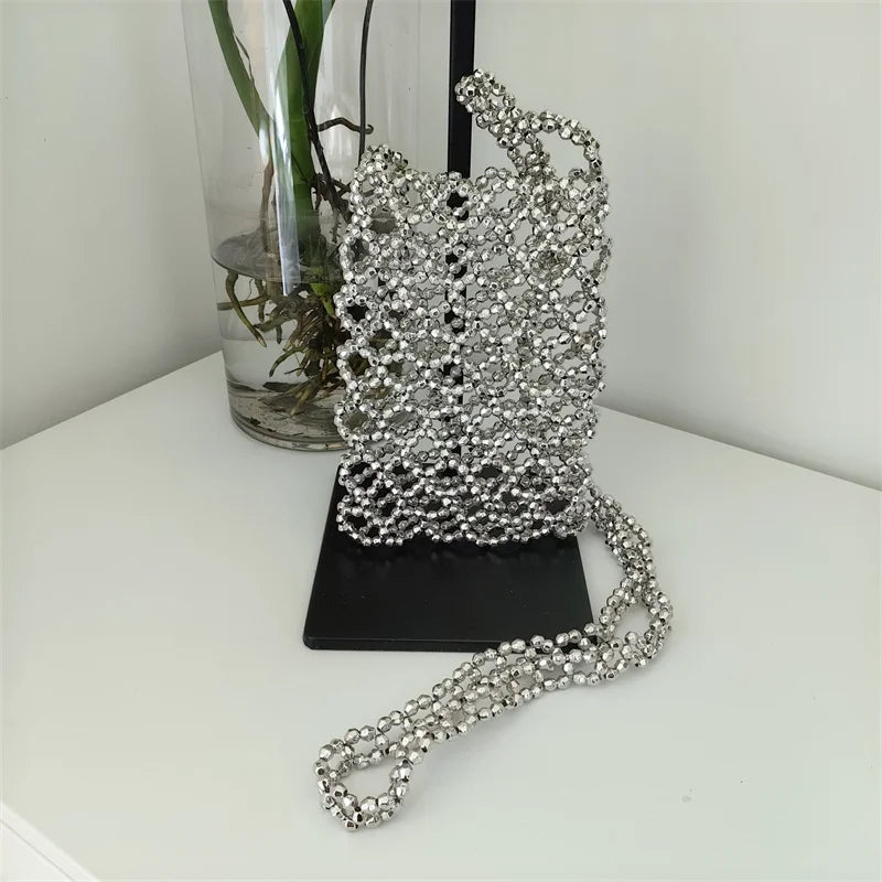 2022 Summer Silver Acrylic Hand-woven Beaded Bag Hollow Out Handmade Mobile Phone Messenger Bag Vertical Small Square Bag