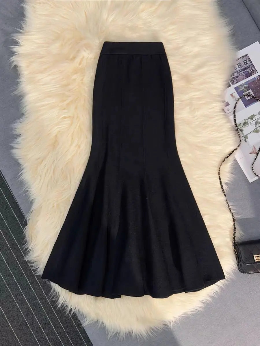 Knitted Midi Skirt Ruffled Hem Midi Length Pull-on Flared Fishtail Skirt for Women Autumn Winter Elegant Outfit