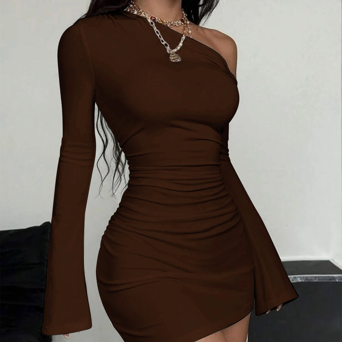 Inclined-Sleeve Ruched Mini Dress