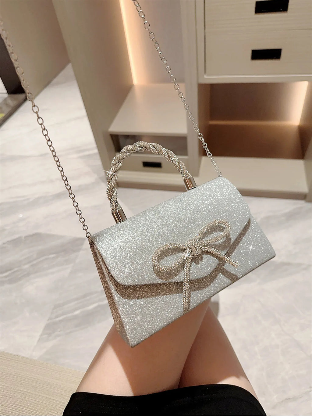 Evening Bag Dress Versatile European and American Clutch Bag Crossbody Celebrity Fashion Diamond Bow Chain Bag