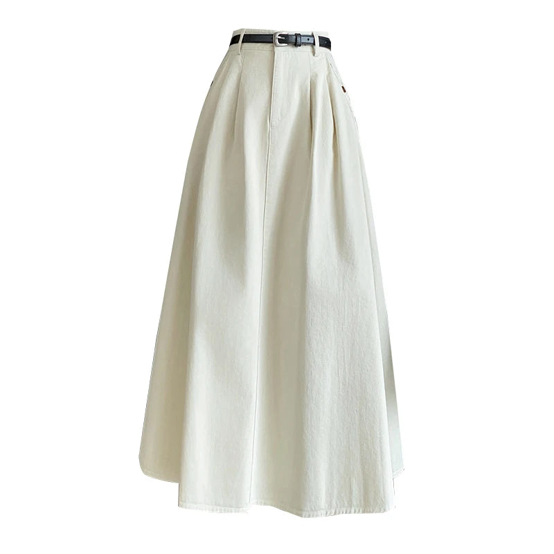 Seoulish Denim Skirts for Women 2024 Spring Summer New High Waist A-line Large Hem Office Lady Umbrella Skirt Pleated Long Skirt