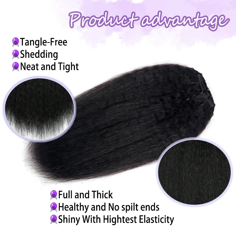Kinky Straight Clip in Hair Extensions 14 Inch for Women Full Head Yaki Straight Seamless Clip in Synthetic Hair