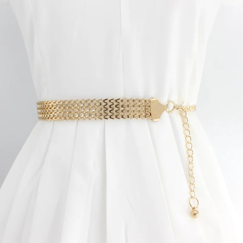 Ladies' Gold Waist Chain Fashion Metal Hook Adjustable Belt for Dress 2 Model Gold Waist Chain Belt