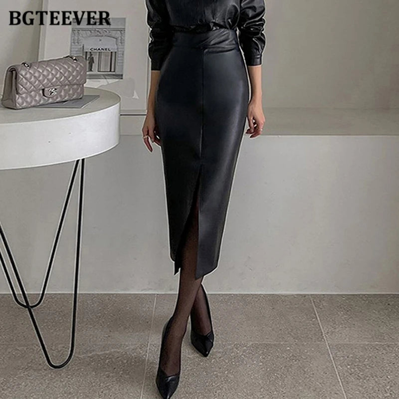 BGTEEVER Stylish Skinny PU Leather Skirts for Women Autumn Winter Elegant Slim Split Package Hip Pu Skirts Female