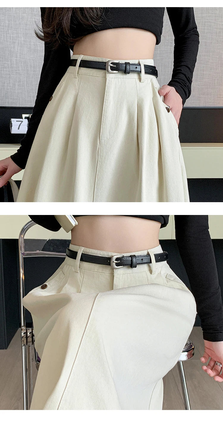 Seoulish Denim Skirts for Women 2024 Spring Summer New High Waist A-line Large Hem Office Lady Umbrella Skirt Pleated Long Skirt