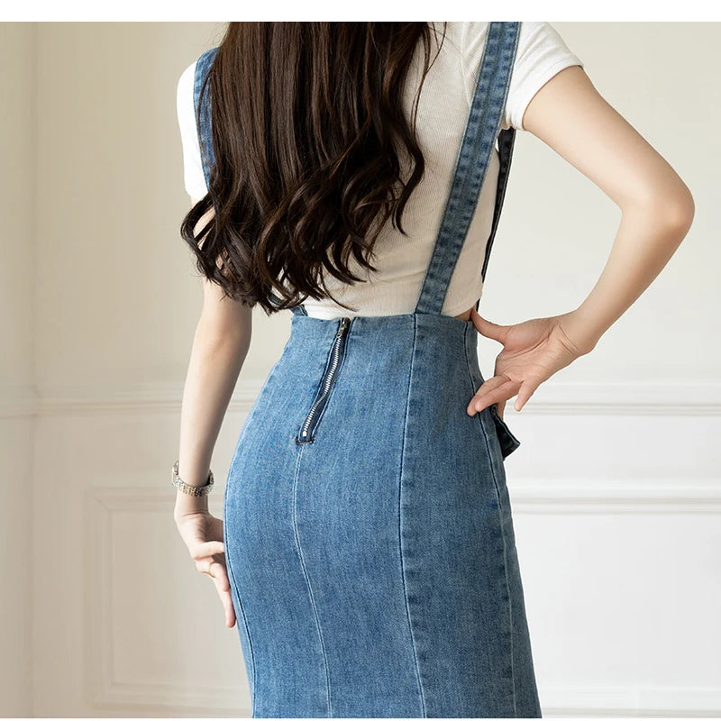 Elegant Casual Denim Jean Skirt for Women's High Waist Bodycon Ruffles Fishtail Skirts Fashion Trumpet Midi Length Skirts Female