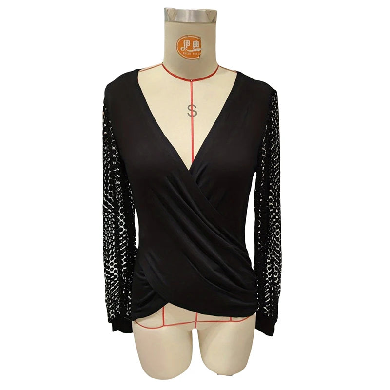 Elegant Women Blouses V Neck Mesh Long Sleeve Shirts For Women Spring Autumn Fashion Shirt Black Pullover Tops Female 2025