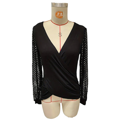 Elegant Women Blouses V Neck Mesh Long Sleeve Shirts For Women Spring Autumn Fashion Shirt Black Pullover Tops Female 2025