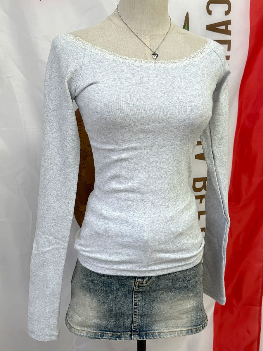 Sweet Lace Patchwork Cotton Long Sleeve Tees Women Casual Scoop Neck Slim Gray Tops Female Streetwear Vintage Y2K Chic T-shirts