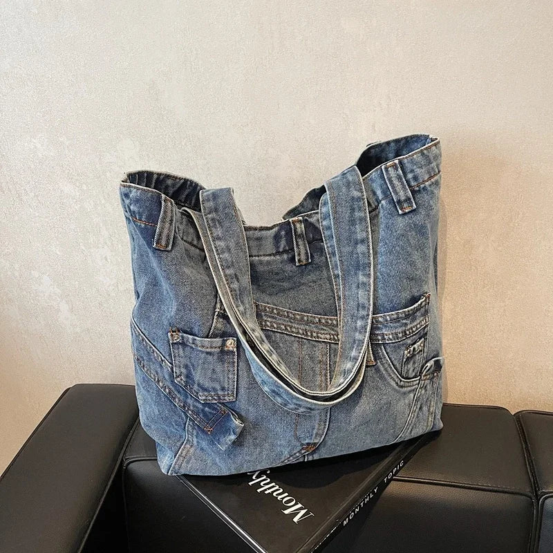 2025 Spring New Hot Sale Denim Tote Bags Solid Large Capacity Personality Retro Durable Commute Style Shoulder Bags for Women