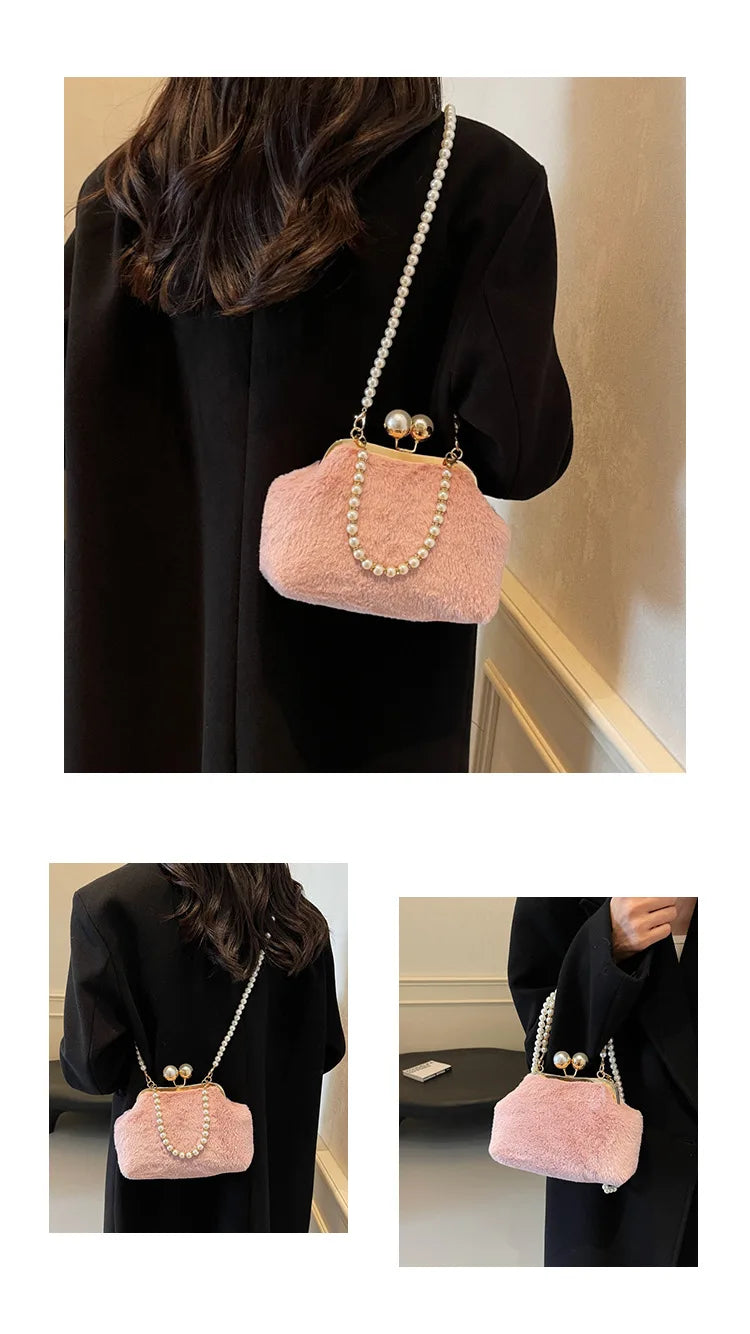 High-end Beaded Fashion Women's Bag Autumn Personality Trendy Evening Bag Plush Handbag Shoulder Crossbody Bag